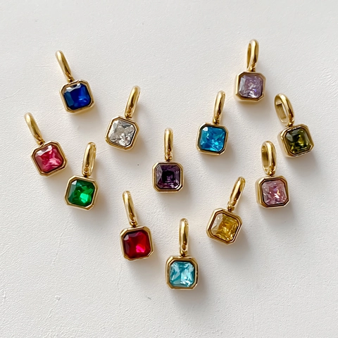 Stainless Steel Square Birthstone Pendant Minimalist Zircon DIY Necklace Charm Accessory For Women Jewelry Making Gift