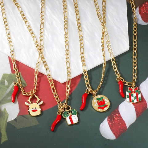 Stainless Steel Christmas Necklace For Women Enamel Santa Claus Reindeer Pendant Figaro Chain Lucky Chili Jewelry Gift