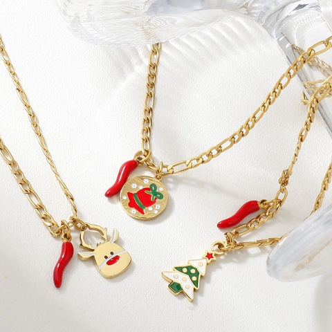 Stainless Steel Christmas Necklace For Women Enamel Santa Claus Reindeer Pendant Figaro Chain Lucky Chili Jewelry Gift