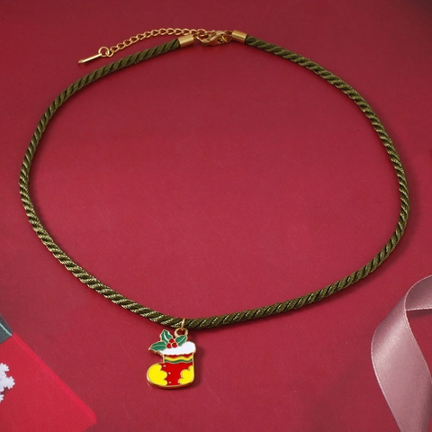 Christmas Stainless Steel Enamel Pendant Necklace Green Braided Rope Chain Santa Claus Tree Bell Sock Gift Jewelry Women