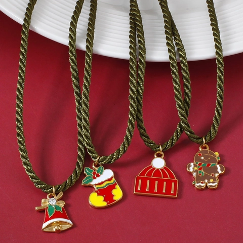 Christmas Stainless Steel Enamel Pendant Necklace Green Braided Rope Chain Santa Claus Tree Bell Sock Gift Jewelry Women