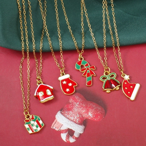Christmas Stainless Steel Necklace For Women Gold Plated Enamel Santa Claus Elk Christmas Tree Snowflake Pendant Festive Jewelry