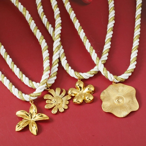 Fashion Stainless Steel Plant Flower Pendant Necklace Handwoven Rope Chain Gold Coral Clavicle Necklace For Women Jewelry