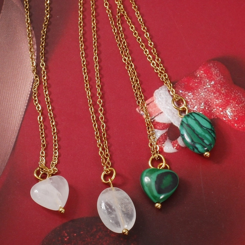 Collana con Pendente in Pietra Naturale in Acciaio Inossidabile Lusso Leggero per Donna Gioielli di Moda Malachite Cuore Ovale Cristallo Bianco