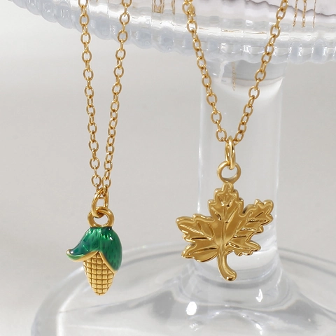 Minimalist 304 Stainless Steel Corn Maple Leaf Pendant Necklace Gold Plated Enamel Vegetable Clavicle Chain Jewelry For Women