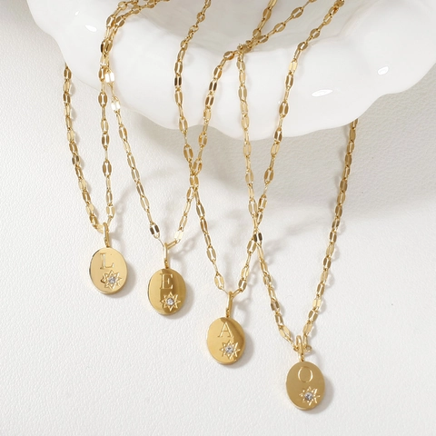 Stainless Steel Alphabet Letter Pendant Necklace Gold Plated Zirconia Oval Tag Starburst Dainty Jewelry For Women Gift