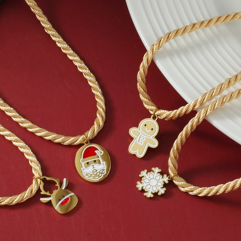 Kerstmis Roestvrijstalen Kerstman Rendier Sneeuwvlok Hanger Halsketting Voor Dames Emaille Gevlochten Touwketting Sieraden Cadeau
