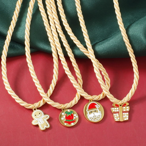 Kerstmis Roestvrijstalen Kerstman Rendier Sneeuwvlok Hanger Halsketting Voor Dames Emaille Gevlochten Touwketting Sieraden Cadeau