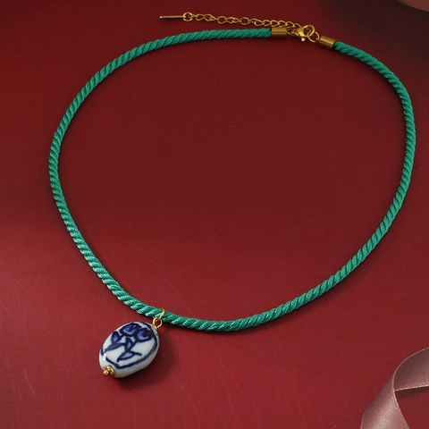 Retro 304 Roestvrij Staal Tulp Keramiek Hanger Ketting Handbeschilderd Bloem Gevlochten Touw Choker Voor Vrouwen Sieraden