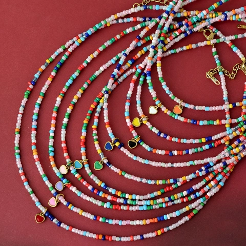 Bohemian Colorful Seed Bead Stainless Steel Heart Pendant Necklace Adjustable Choker Vacation Jewelry For Women