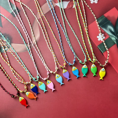 Collar de Cuerda Tejido a Mano Bohemio Colgante de Pez de Acero Inoxidable Esmaltado Ojo Turco Cadena de Clavícula Ajustable