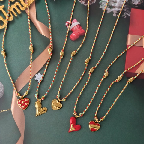 Collar De Colgante De Corazón De Cuerda Tejida A Mano Para Mujer De Acero Inoxidable Cadena Ajustable Colorida Corazón De Esmalte Joyería De Moda Regalo