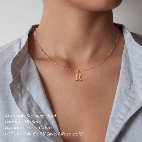 Collier Pendentif Alphabet Minimaliste En Acier Inoxydable Pour Femme Plaqué Or Argent Lettre Initiale A-Z Chaîne À Billes Bijoux Cadeau
