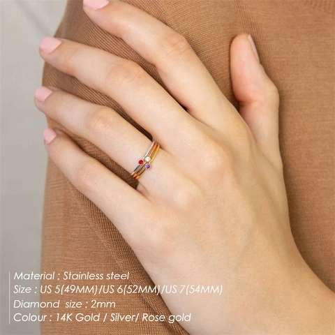Birthstone Stainless Steel Ring For Women Thin Gold Rose Gold Silver Rhinestone Inlaid Geometric Daily Jewelry Finger Ring