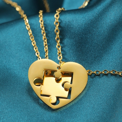 Stainless Steel Puzzle Heart Pendant Necklace Set for Couples Gold Silver Plated Fashion Jewelry Gift for Valentine's Day