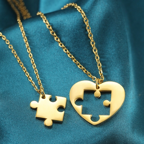 Stainless Steel Puzzle Heart Pendant Necklace Set for Couples Gold Silver Plated Fashion Jewelry Gift for Valentine's Day