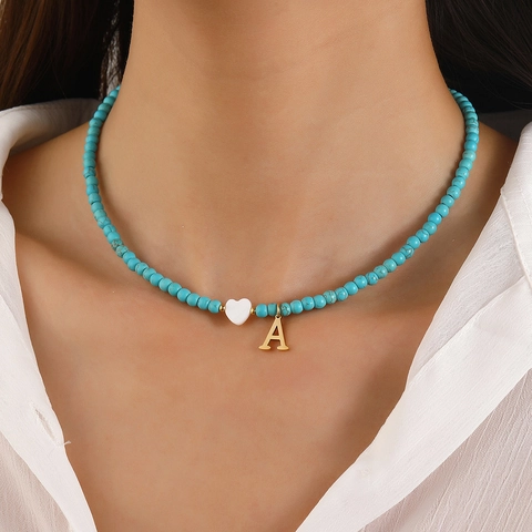 Handgemaakte Turkoois Schelp Kralen Ketting Voor Dames Roestvrij Staal Letter Hart Hanger Choker Mode Sieraden Zomer Strand Accessoire