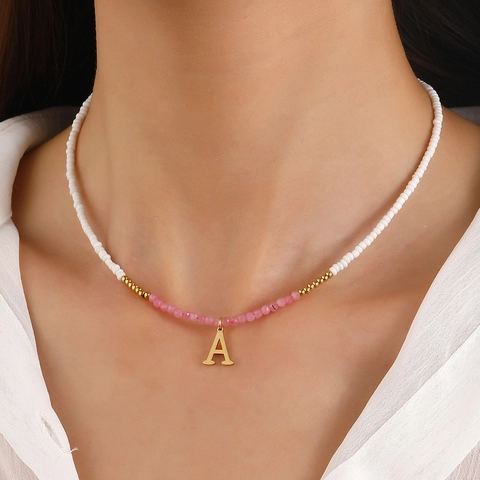 Roestvrij Staal Kristal Initiaal Halsketting Vrouwen Natuursteen Glaskraaltjes Letter Hanger Mode Handgemaakte Sieraden Cadeau