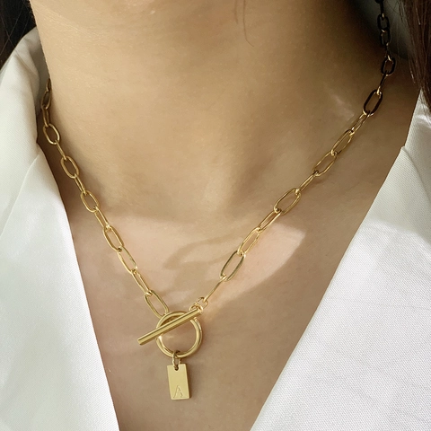 Collar con Colgante de Letra Cuadrada de Acero Inoxidable Oro Plata Inicial Alfabeto Cadena de Clip Cierre de Barra Joyería para Mujer