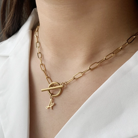 Roestvrij Staal Hart Initiaal Letter Hanger Ketting Voor Vrouwen Mode Paperclip Ketting T-sluiting Goud Zilver Sieraden Cadeau