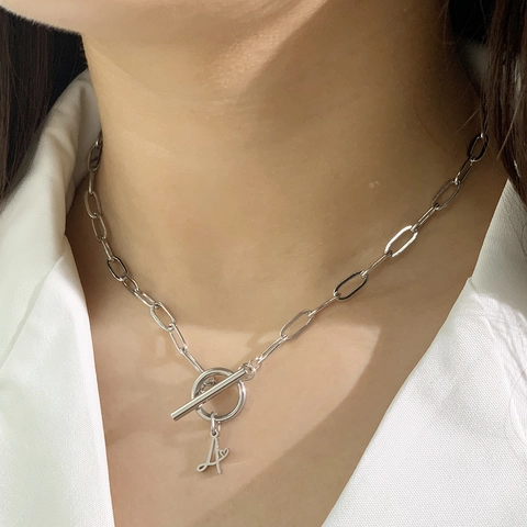 Roestvrij Staal Hart Initiaal Letter Hanger Ketting Voor Vrouwen Mode Paperclip Ketting T-sluiting Goud Zilver Sieraden Cadeau