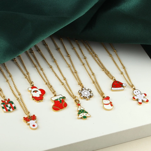 Collier de Noël en Acier Inoxydable Mignon Père Noël Renne Bonhomme de Neige Plaqué Or Émail Pendentif Collier Femmes Bijoux