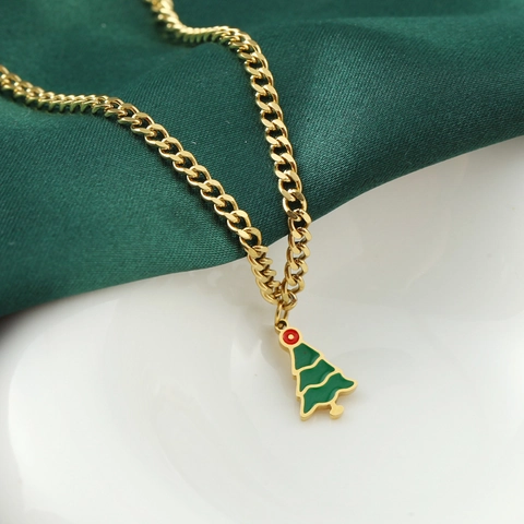 Kerstmis Roestvrij Stalen Halsketting Voor Vrouwen Verguld Emaille Kerstman Rendier Kerstboom Hanger Feestelijke Sieraden