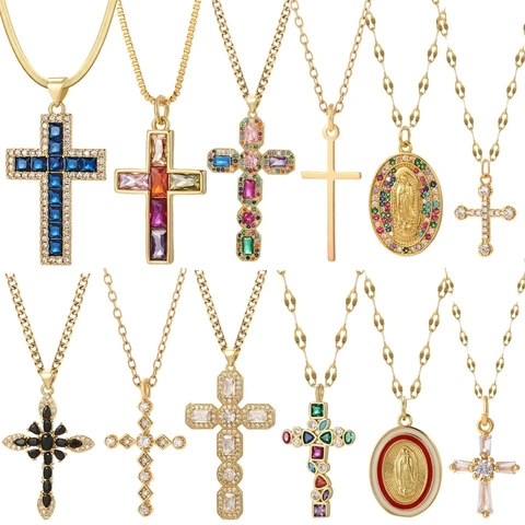 Collana Pendente in Rame Con Catena in Acciaio Inossidabile Placcato Oro Zirconia Croce Religiosa Vergine Maria Gioielli
