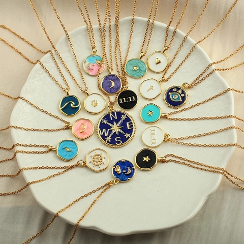 Bohemian Stainless Steel Enamel Pendant Necklace Moon Star Evil Eye Compass Celestial Jewelry Necklace For Women Gift