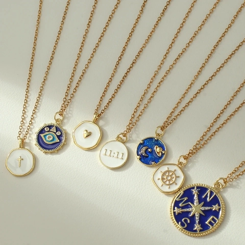 Bohemian Stainless Steel Enamel Pendant Necklace Moon Star Evil Eye Compass Celestial Jewelry Necklace For Women Gift