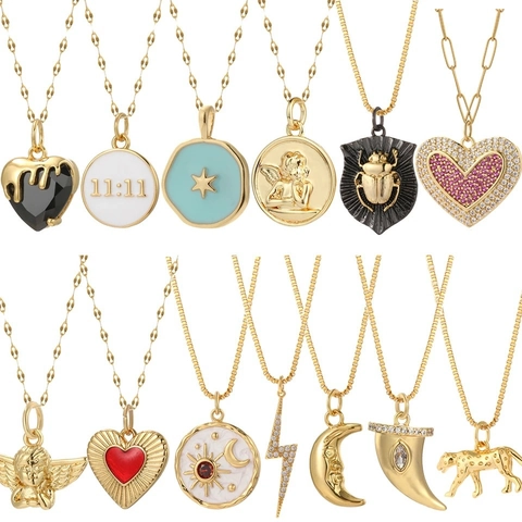 Roestvrij Stalen Box Ketting Met Koper Zirconia Hart Engel Luipaard Hanger Voor Vrouwen Minimalistische Mode Sieraden