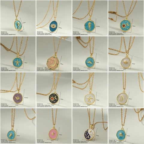 Bohemian Enamel Stainless Steel Pendant Necklace For Women Celestial Moon Star Sea Starfish Shell Clavicle Chain Zirconia Inlaid Gold Plated Jewelry