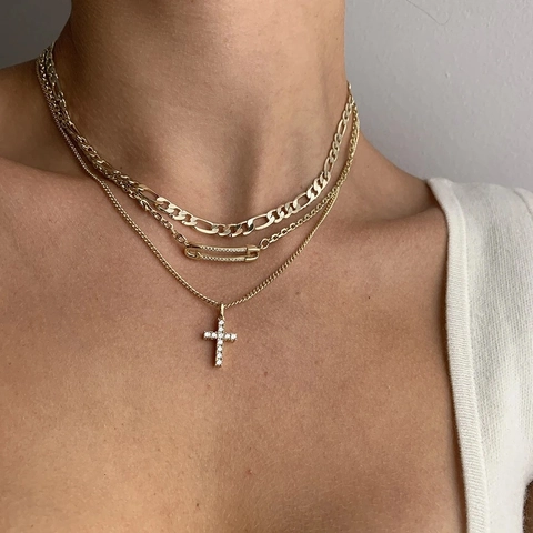 Gold Plated Copper Zirconia Layered Necklace Cross And Safety Pin Pendant Figaro Chain For Women Minimalist Fashion Streetwear Jewelry Accessory