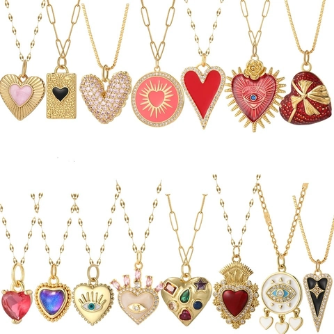Stainless Steel Necklace Women Gold Color Copper Zirconia Heart Pendant Necklace Evil Eye Enamel Drip Oil Minimalist Commuter Jewelry Gift