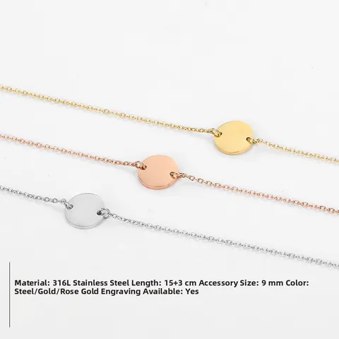 Minimalist 316L Stainless Steel Round Pendant Bracelet Adjustable Gold Rose Gold Plated Chain For Women Daily Fashion Jewelry