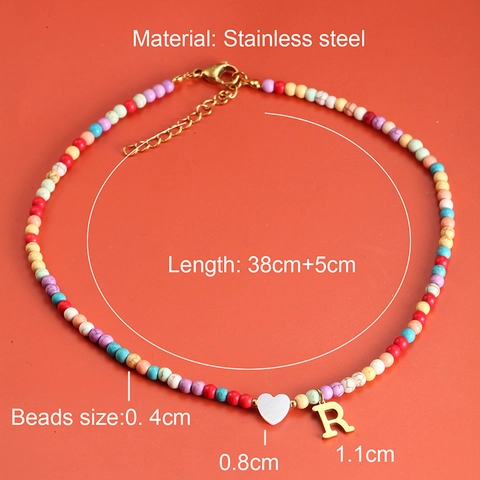 Bohemian Mehrfarbige Naturstein Perlenkette Für Damen Edelstahl Initial Herz Anhänger Halsketten Resort Schmuck