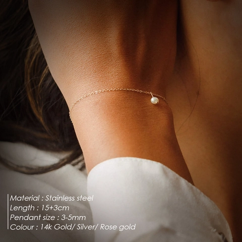 Minimalist Stainless Steel Freshwater Pearl Bracelet For Women 14K Gold Plated Adjustable Dainty Dangle Jewelry Birthday Gift