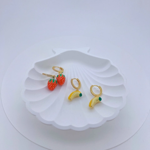 Cute Fruit Dangle Hoop Earrings Copper Enamel Strawberry Banana Shape Rhinestone Sweet Summer Earrings For Women Jewelry
