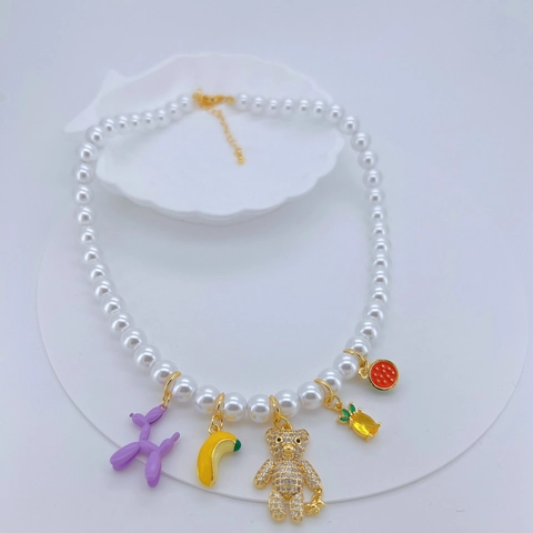 Western INS Style Imitation Artificial Pearl Multi Pendant Necklace For Women Copper Zirconia Fruit Balloon Dog Charm Beaded Jewelry