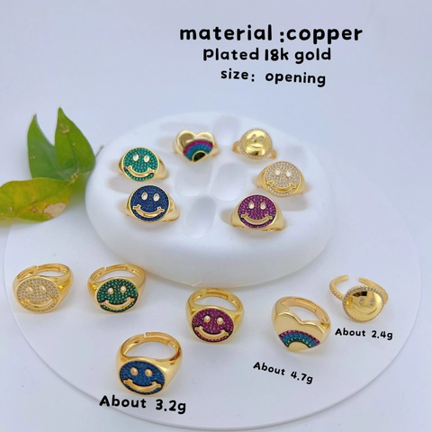 Ins Stijl Koperen 18K Vergulde Lachend Gezicht Regenboog Hart Open Ring Voor Vrouwen Mode Strass Sieraden