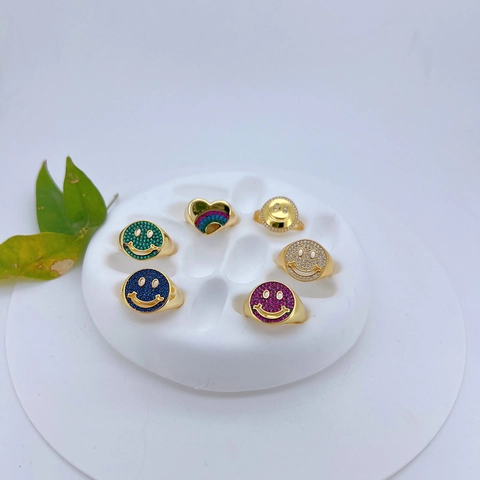 Ins Stijl Koperen 18K Vergulde Lachend Gezicht Regenboog Hart Open Ring Voor Vrouwen Mode Strass Sieraden