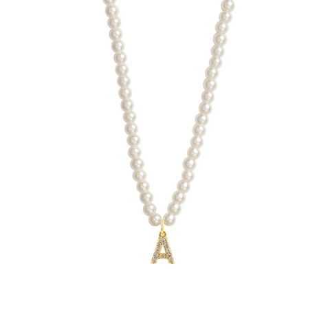 Elegant Artificial Pearl Initial Letter Pendant Necklace Rhinestone Inlaid Gold Plated Copper Chain Fashion Jewelry For Women