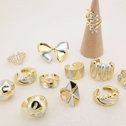 Two Tone Copper Open Ring For Women Adjustable Minimalist Geometric Rhinestone Sea Star Flower Bowknot Fashion Rings Jewelry