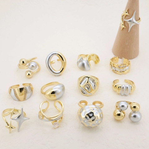 Fashion Two-tone Copper Open Ring For Women Adjustable Minimalist Geometric Hammered Texture Rhinestone Artificial Pearl Ring Jewelry