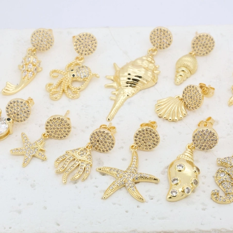 Ocean Series Seahorse Starfish Zirconia Stud Earrings For Women Copper Gold Plated Summer Vacation Fashion Ear Jewelry