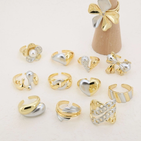 Two-Tone Electroplated Copper Open Ring Geometric Irregular Adjustable Ring For Women Rhinestone Artificial Pearl Jewelry