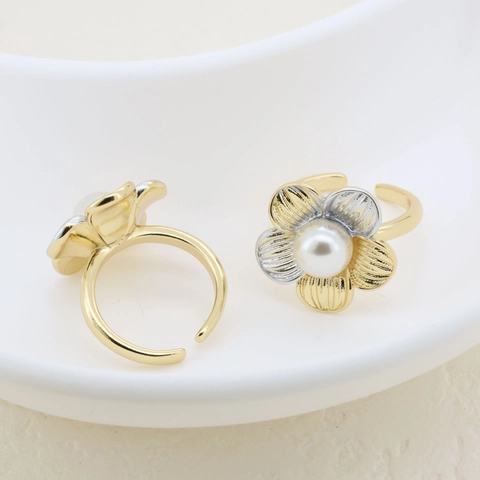 Two-Tone Electroplated Copper Open Ring Geometric Irregular Adjustable Ring For Women Rhinestone Artificial Pearl Jewelry