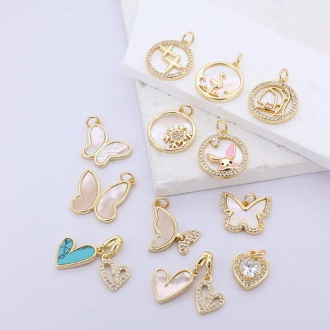 Cute Copper Gold Plated Pendants With Shell Rhinestone Butterfly Heart Animal Shape DIY Jewelry Charms For Women