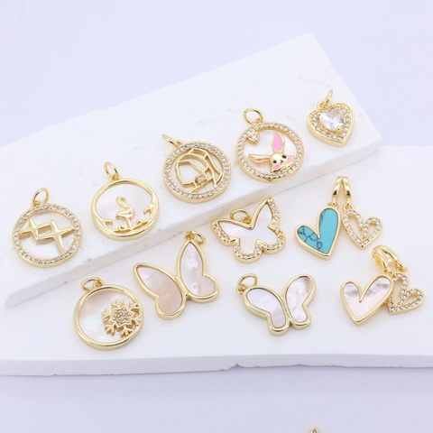 Cute Copper Gold Plated Pendants With Shell Rhinestone Butterfly Heart Animal Shape DIY Jewelry Charms For Women