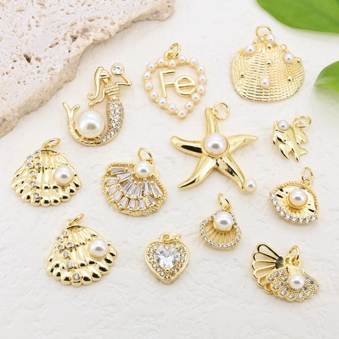 Marine Gold Plated Copper Pendants With Artificial Pearl Rhinestone Shell Starfish Mermaid Charms For DIY Jewelry Making